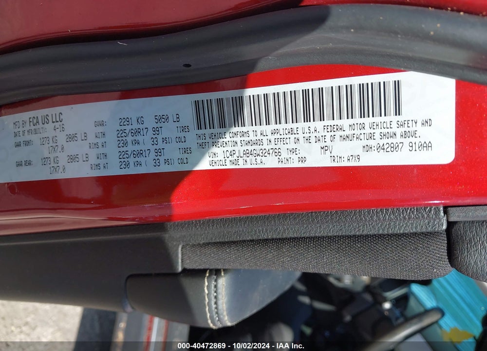 2016 JEEP CHEROKEE SPORT VIN: 1C4PJLAB4GW324766