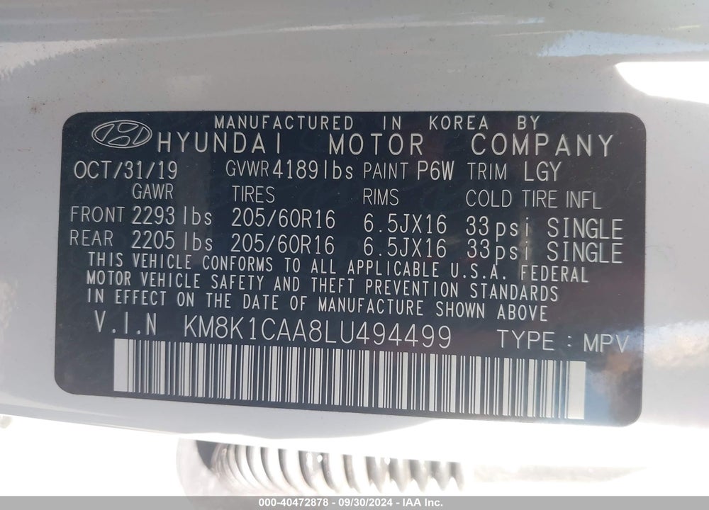 2020 HYUNDAI KONA SE VIN: KM8K1CAA8LU494499