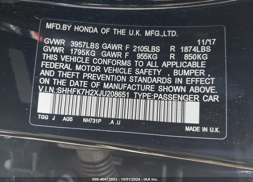 2018 HONDA CIVIC LX VIN: SHHFK7H2XJU208651