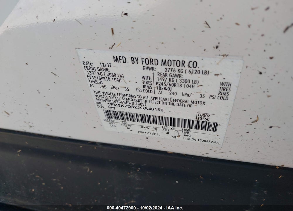 2018 FORD EXPLORER XLT VIN: 1FM5K7D82JGA40156
