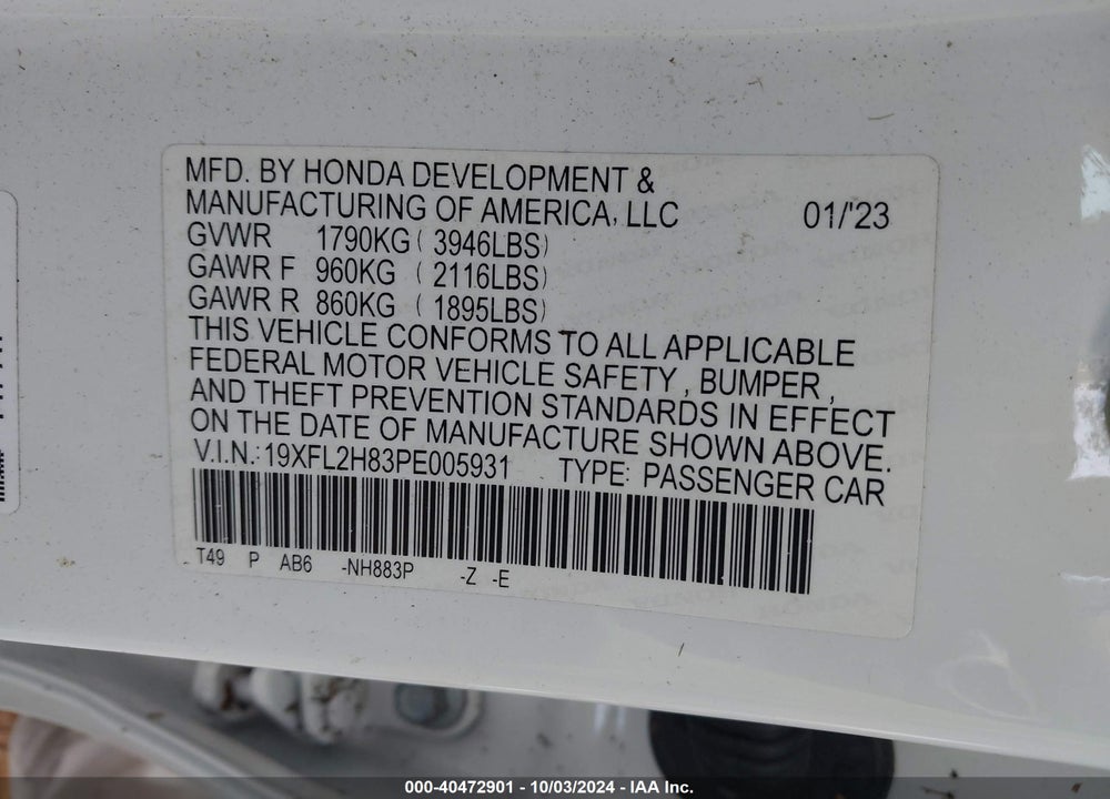 2023 HONDA CIVIC VIN: 19XFL2H83PE005931