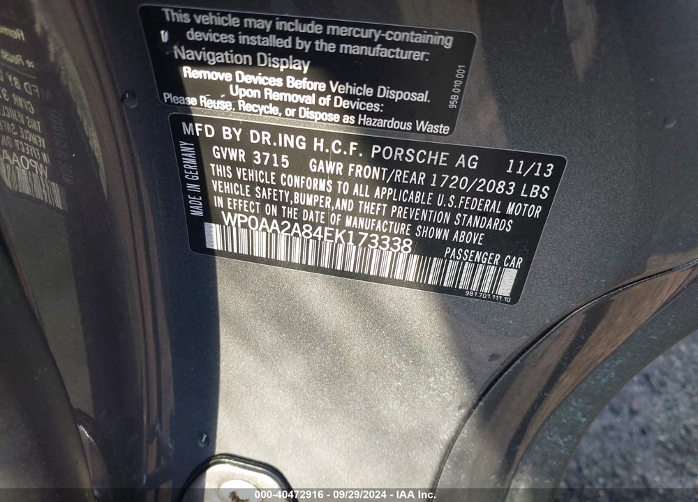 2014 PORSCHE CAYMAN VIN: WP0AA2A84EK173338