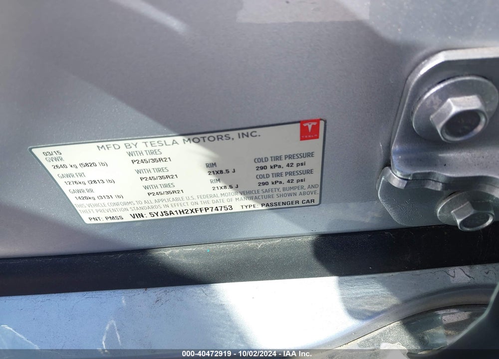 2015 TESLA MODEL S 70D/85D/P85D VIN: 5YJSA1H2XFFP74753
