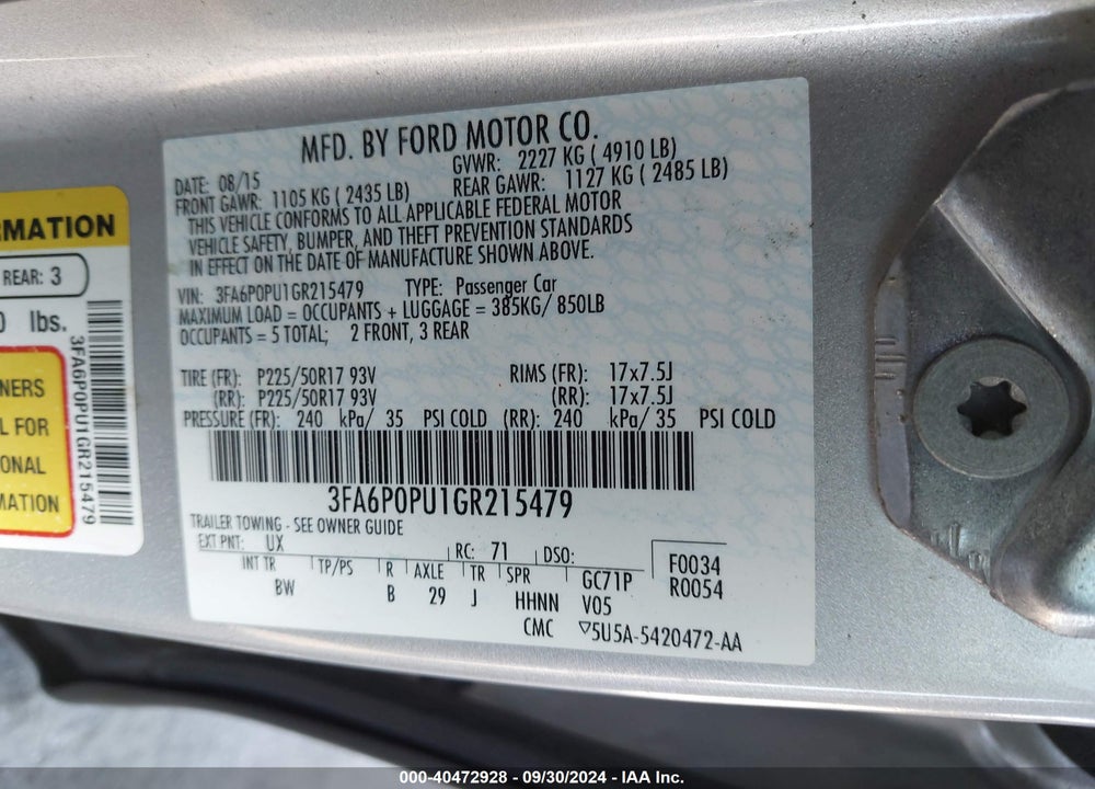 2016 FORD FUSION ENERGI SE LUXURY VIN: 3FA6P0PU1GR215479