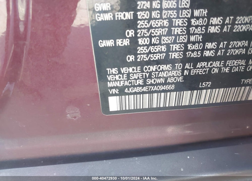 1999 MERCEDES-BENZ ML 320 VIN: 4JGAB54E7XA094668