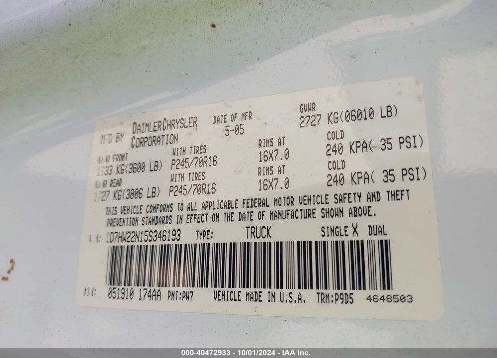 2005 DODGE DAKOTA ST VIN: 1D7HW22N15S346193