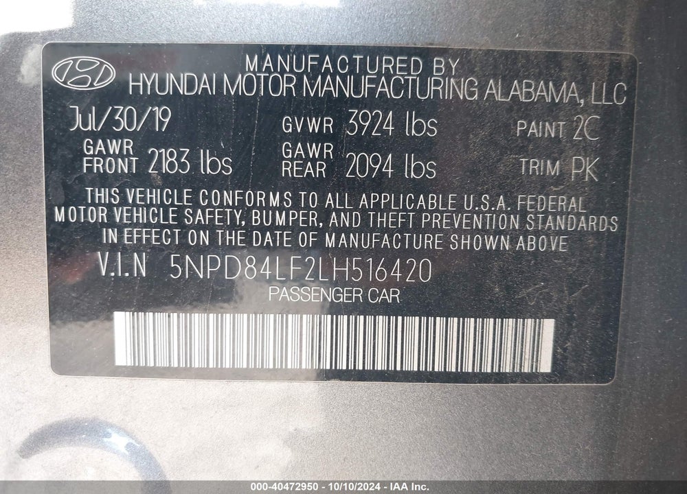 2020 HYUNDAI ELANTRA VALUE EDITION VIN: 5NPD84LF2LH516420