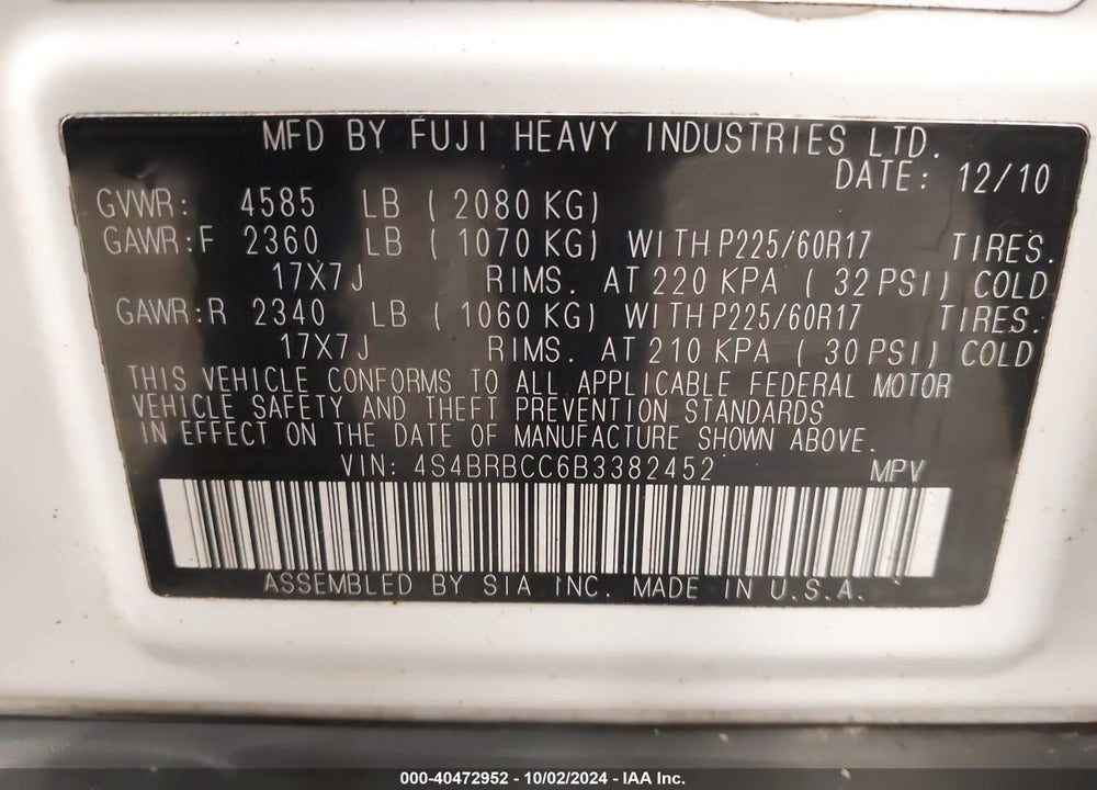 2011 SUBARU OUTBACK 2.5I PREMIUM VIN: 4S4BRBCC6B3382452