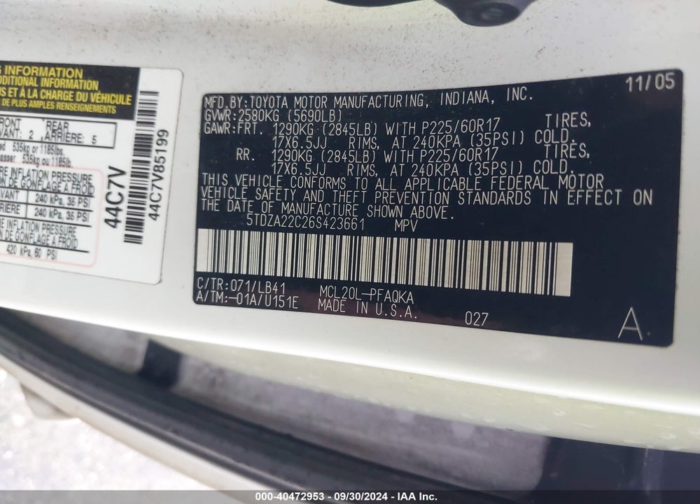 2006 TOYOTA SIENNA XLE VIN: 5TDZA22C26S423661