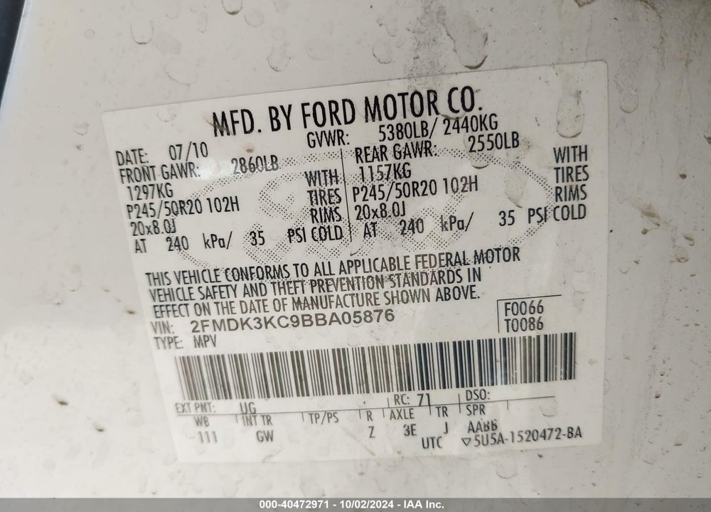 2011 FORD EDGE LIMITED VIN: 2FMDK3KC9BBA05876