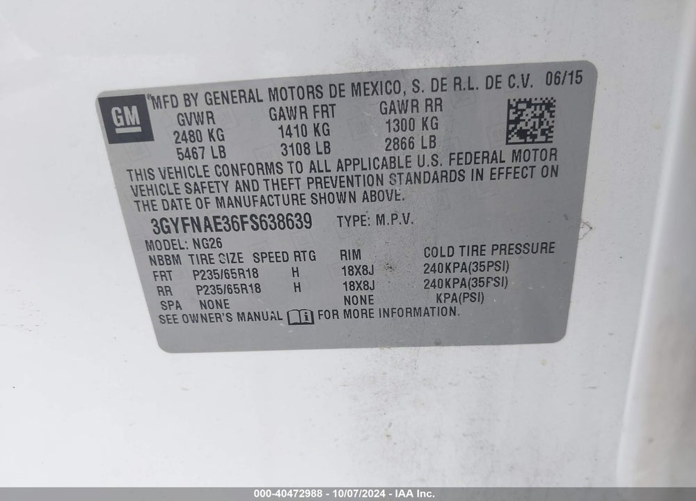 2015 CADILLAC SRX STANDARD VIN: 3GYFNAE36FS638639
