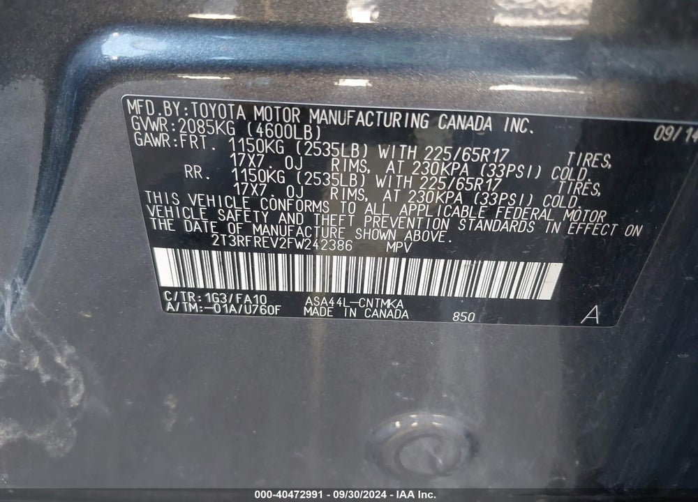 2015 TOYOTA RAV4 XLE VIN: 2T3RFREV2FW242386