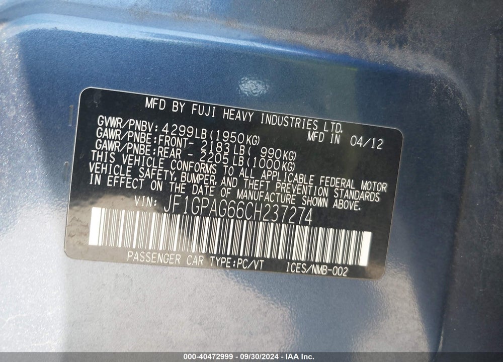 2012 SUBARU IMPREZA 2.0I LIMITED VIN: JF1GPAG66CH237274