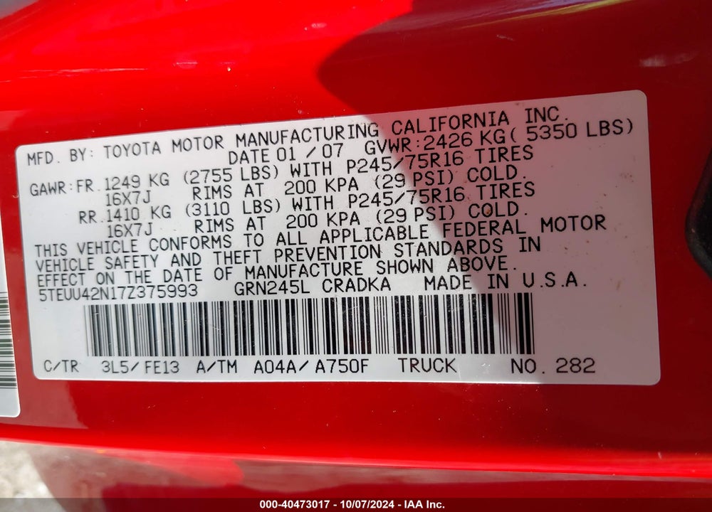 2007 TOYOTA TACOMA BASE V6 VIN: 5TEUU42N17Z375993