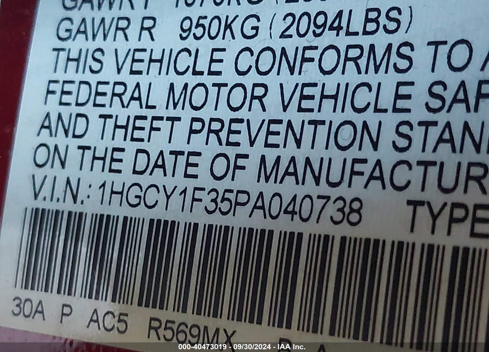 2023 HONDA ACCORD VIN: 1HGCY1F35PA040738