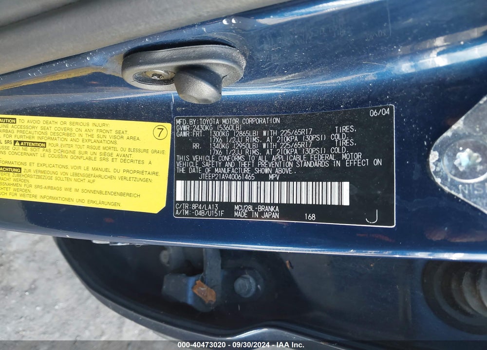 2004 TOYOTA HIGHLANDER VIN: JTEEP21A940061465
