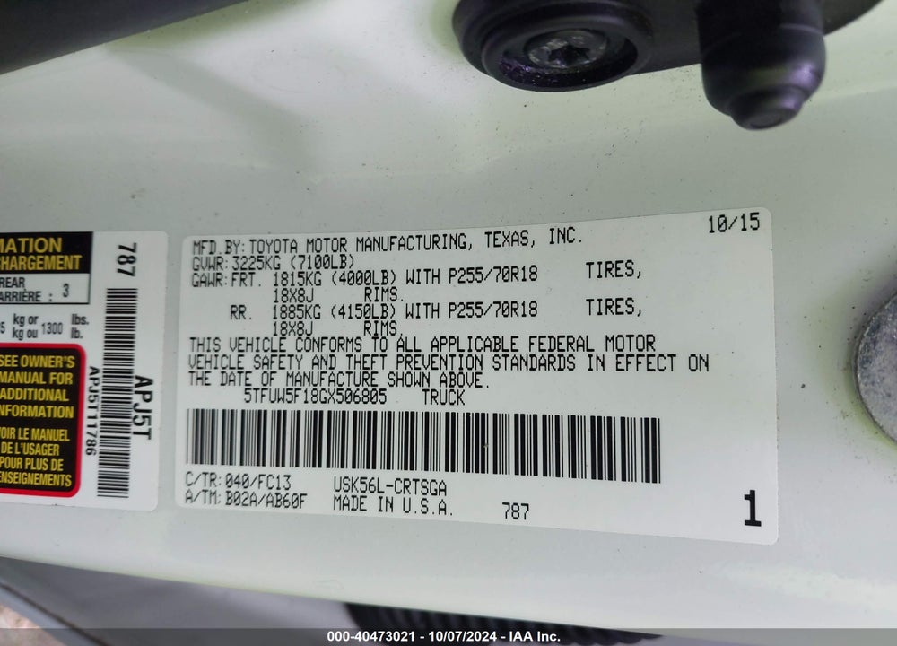 2016 TOYOTA TUNDRA SR5 5.7L V8 VIN: 5TFUW5F18GX506805