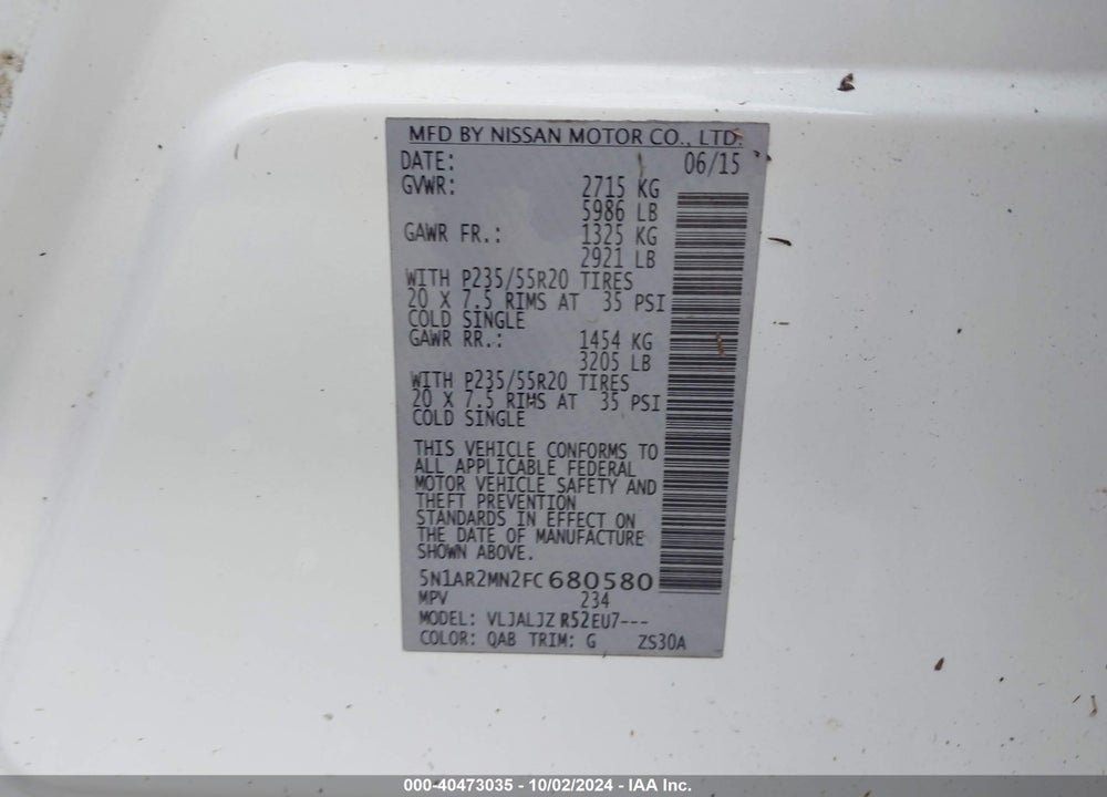 2015 NISSAN PATHFINDER PLATINUM VIN: 5N1AR2MN2FC680580