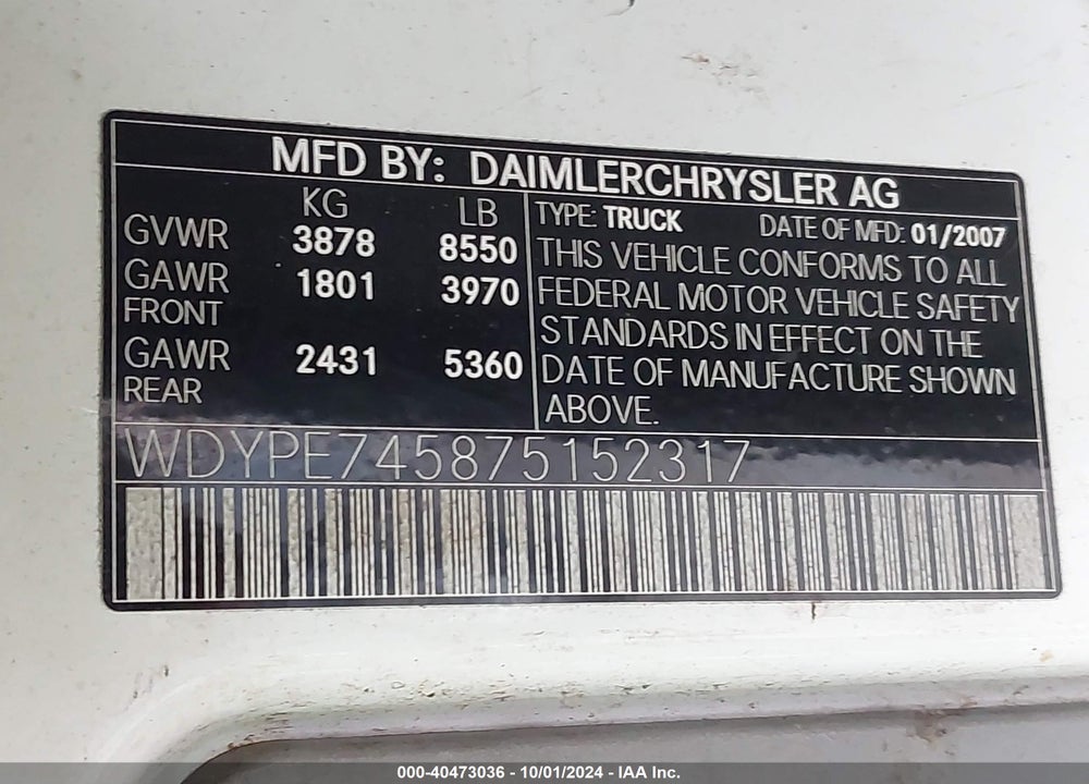 2007 FREIGHTLINER SPRINTER 2500 VIN: WDYPE745875152317