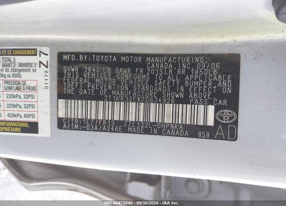 2007 TOYOTA MATRIX/XR VIN: 2T1KR32EX7C634926