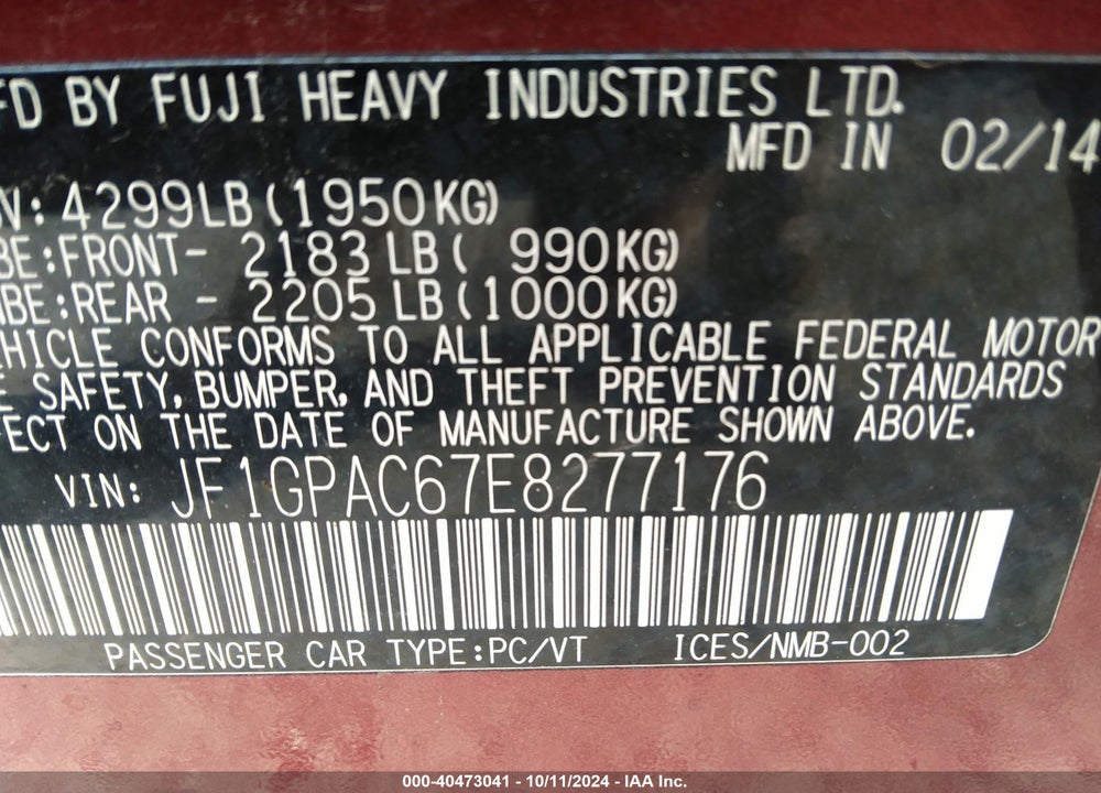 2014 SUBARU IMPREZA VIN: JF1GPAC67E8277176