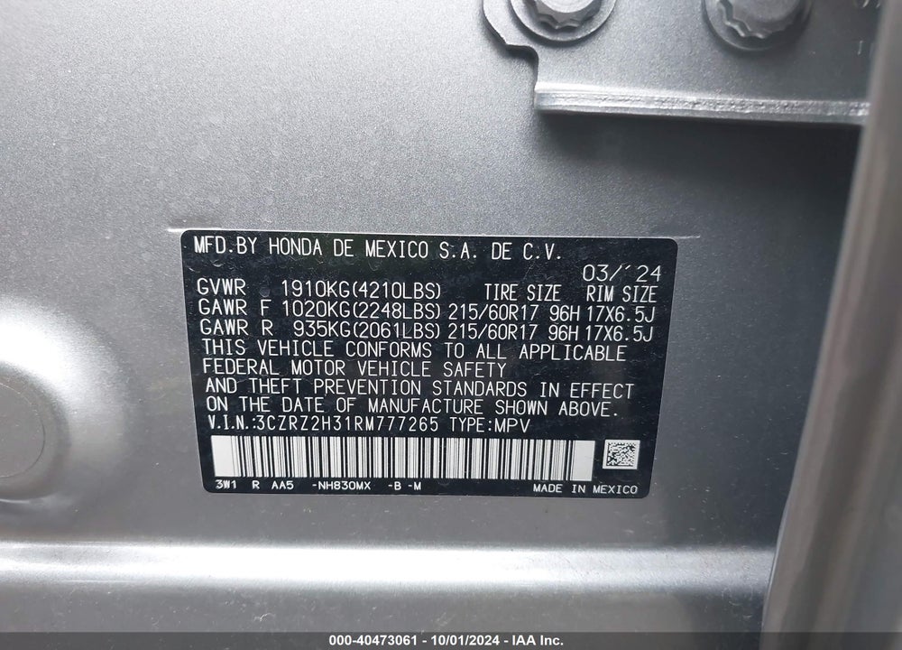 2024 HONDA HR-V AWD LX VIN: 3CZRZ2H31RM777265