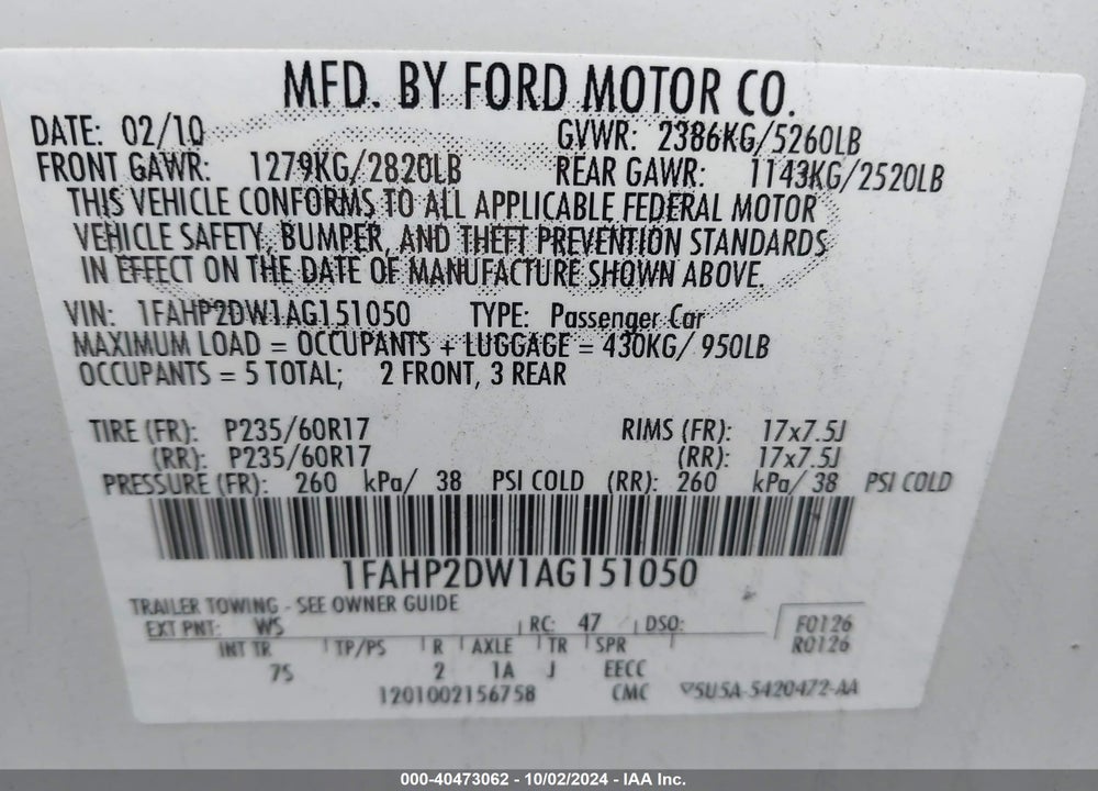 2010 FORD TAURUS SE VIN: 1FAHP2DW1AG151050