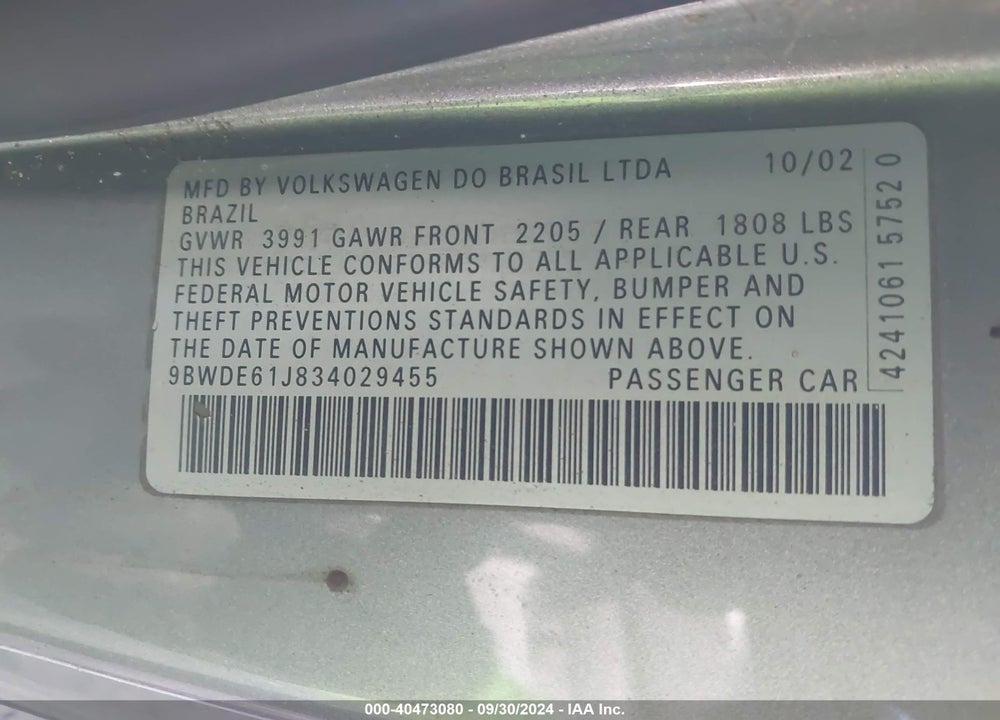 2003 VOLKSWAGEN GTI 1.8T VIN: 9BWDE61J834029455