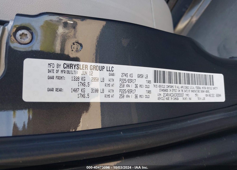 2012 VOLKSWAGEN ROUTAN SEL VIN: 2C4RVACGXCR355937