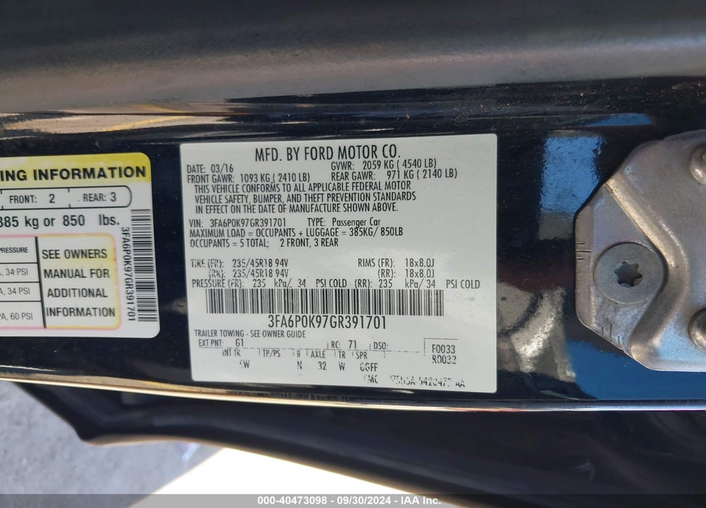 2016 FORD FUSION TITANIUM VIN: 3FA6P0K97GR391701