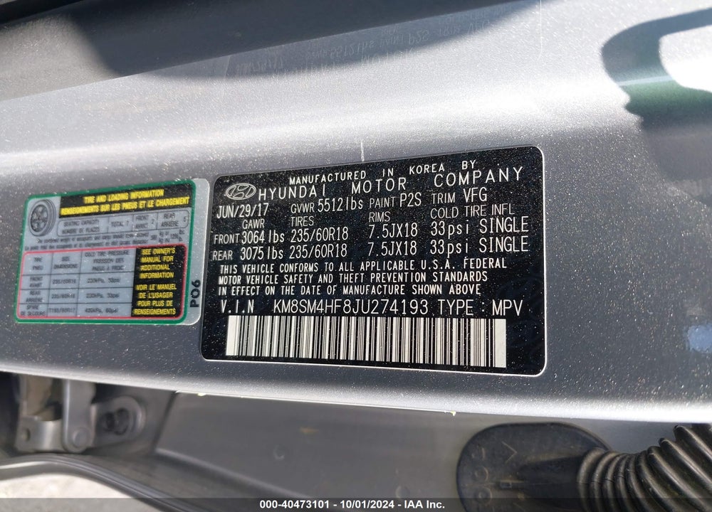 2018 HYUNDAI SANTA FE SE VIN: KM8SM4HF8JU274193