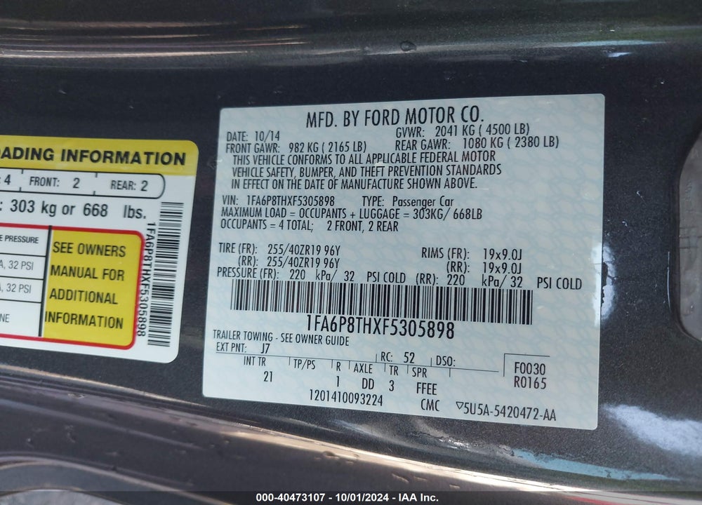 2015 FORD MUSTANG ECOBOOST VIN: 1FA6P8THXF5305898
