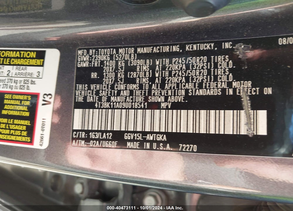 2009 TOYOTA VENZA BASE V6 VIN: 4T3BK11A09U018541