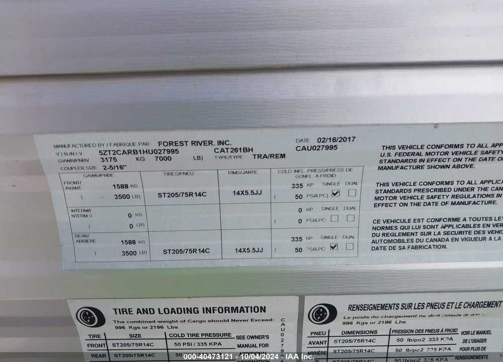 2017 FOREST RIVER COACHMEN CATLINA SBX TRAVEL TRAILER VIN: 5ZT2CARB1HU027995