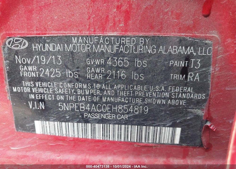 2014 HYUNDAI SONATA GLS VIN: 5NPEB4AC0EH854819
