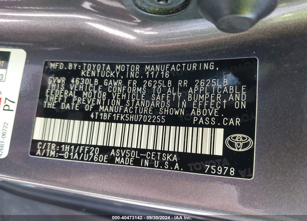 2017 TOYOTA CAMRY SE VIN: 4T1BF1FK5HU702255