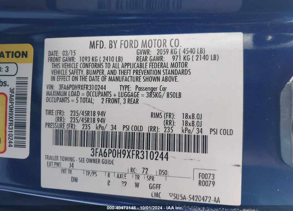 2015 FORD FUSION SE VIN: 3FA6P0H9XFR310244