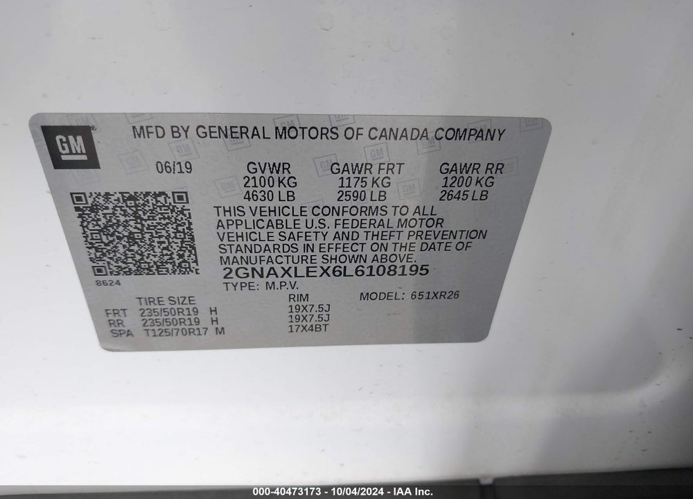 2020 CHEVROLET EQUINOX FWD LT 2.0L TURBO VIN: 2GNAXLEX6L6108195