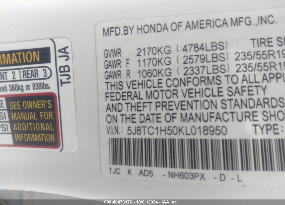 2019 ACURA RDX TECHNOLOGY PACKAGE VIN: 5J8TC1H50KL018950