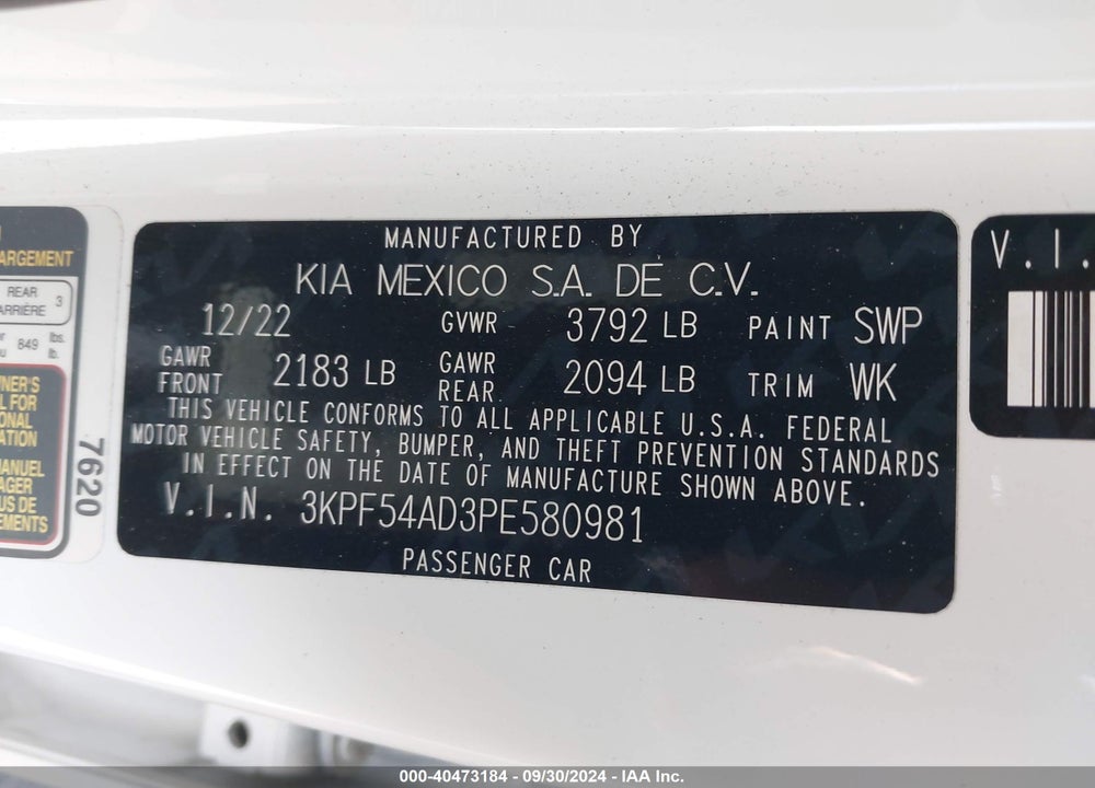 2023 KIA FORTE GT LINE VIN: 3KPF54AD3PE580981