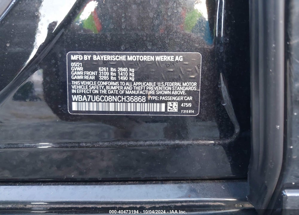 2022 BMW M760I XDRIVE VIN: WBA7U6C08NCH36868