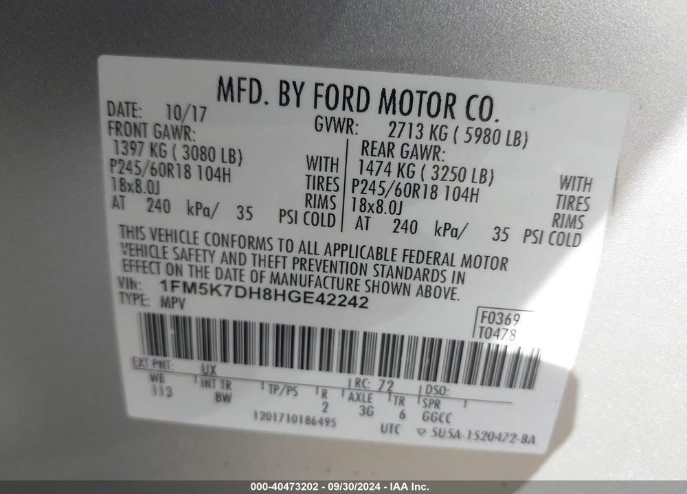 2017 FORD EXPLORER XLT VIN: 1FM5K7DH8HGE42242