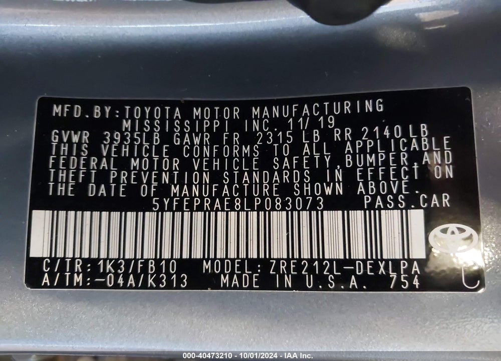 2020 TOYOTA COROLLA LE VIN: 5YFEPRAE8LP083073