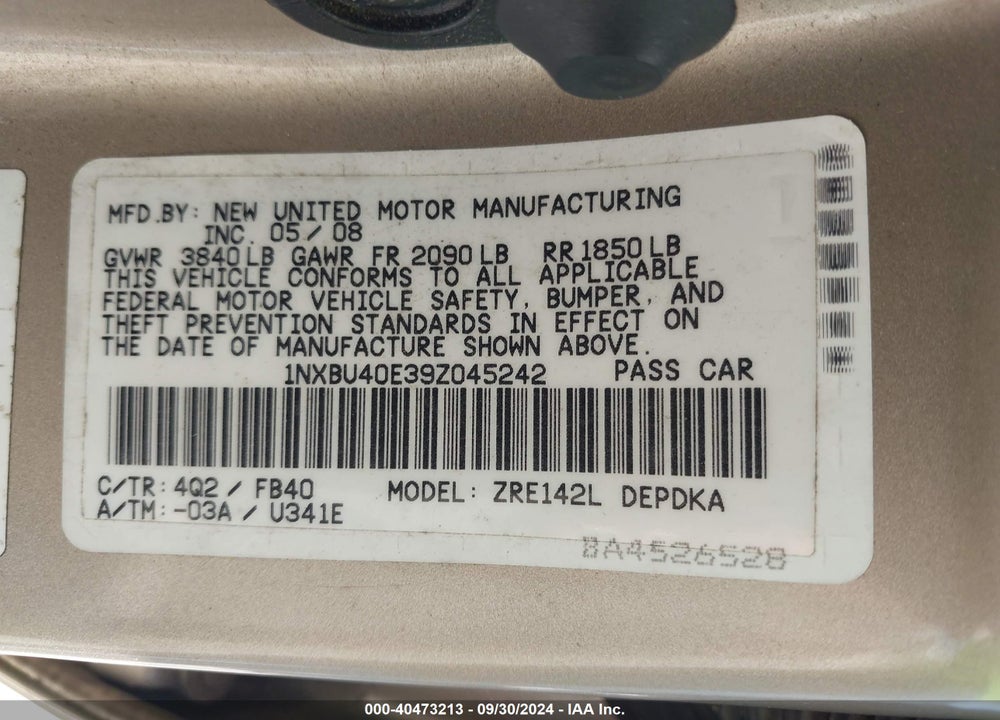 2009 TOYOTA COROLLA LE VIN: 1NXBU40E39Z045242