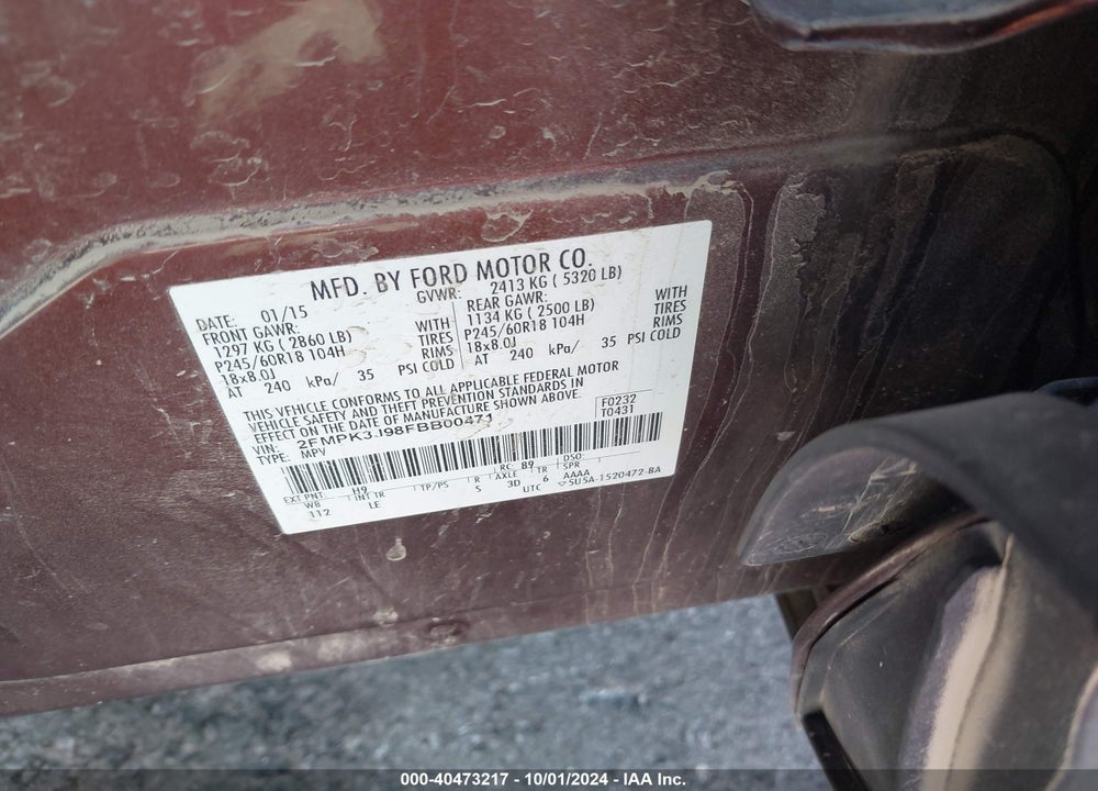 2015 FORD EDGE SEL VIN: 2FMPK3J98FBB00471