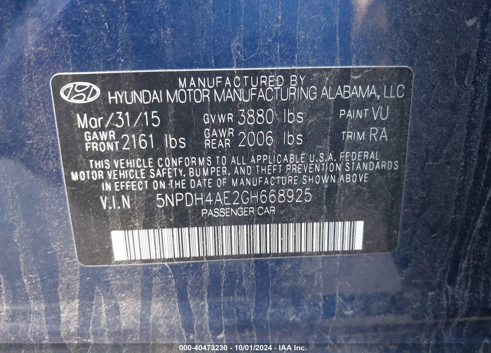 2016 HYUNDAI ELANTRA SE VIN: 5NPDH4AE2GH668925
