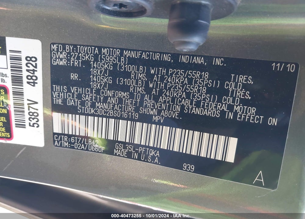 2011 TOYOTA SIENNA XLE LIMITED VIN: 5TDDK3DC2BS016119