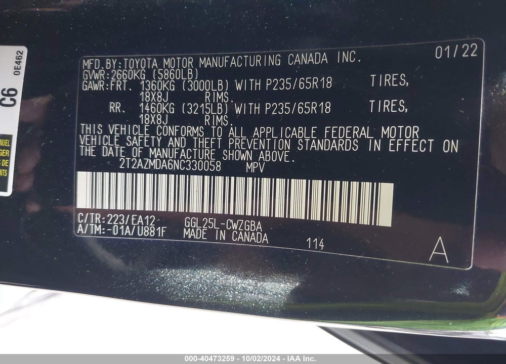 2022 LEXUS RX 350 VIN: 2T2AZMDA6NC330058