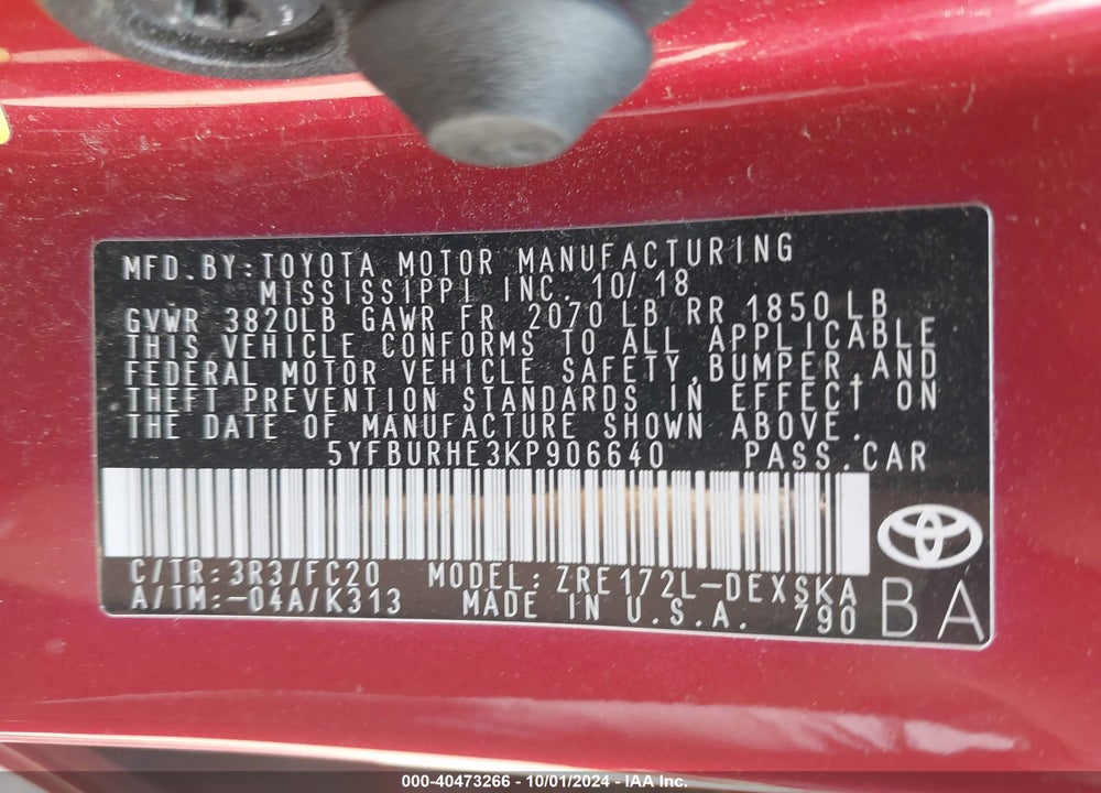 2019 TOYOTA COROLLA SE VIN: 5YFBURHE3KP906640