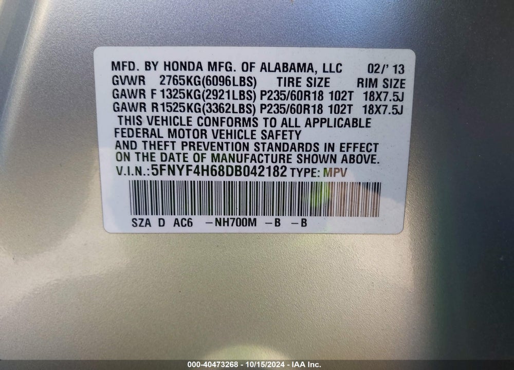 2013 HONDA PILOT EX-L VIN: 5FNYF4H68DB042182